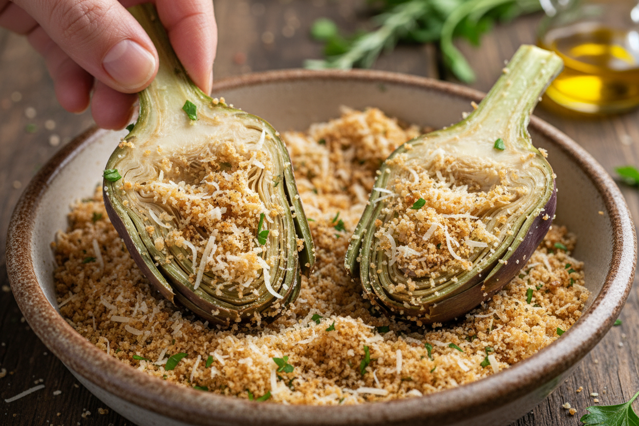 Baked Artichoke Hearts with Seasoned Breadcrumbs preparation step 2