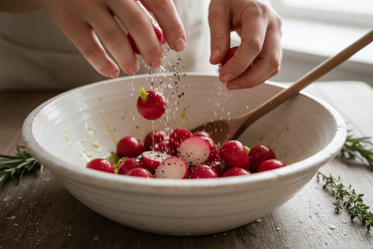 Crispy Roasted Radishes with Honey & Garlic preparation step 1