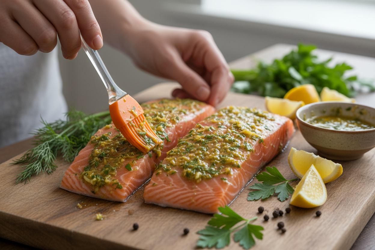 Fresh Lemon Herb Grilled Salmon Recipe with Easy Creamy Cucumber Dill Sauce preparation step 1