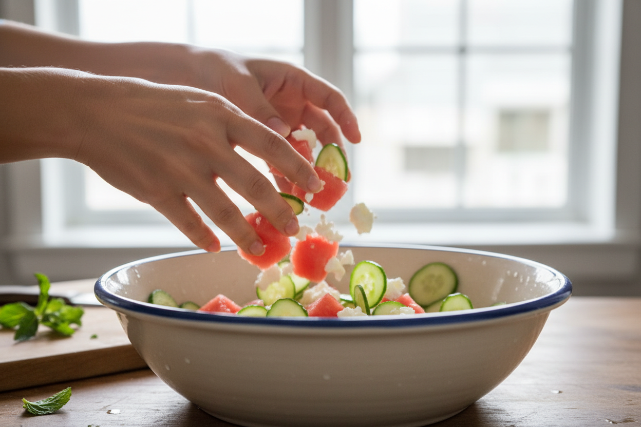 Refreshing Watermelon Cucumber Salad with Feta and Mint Dressing preparation step 1