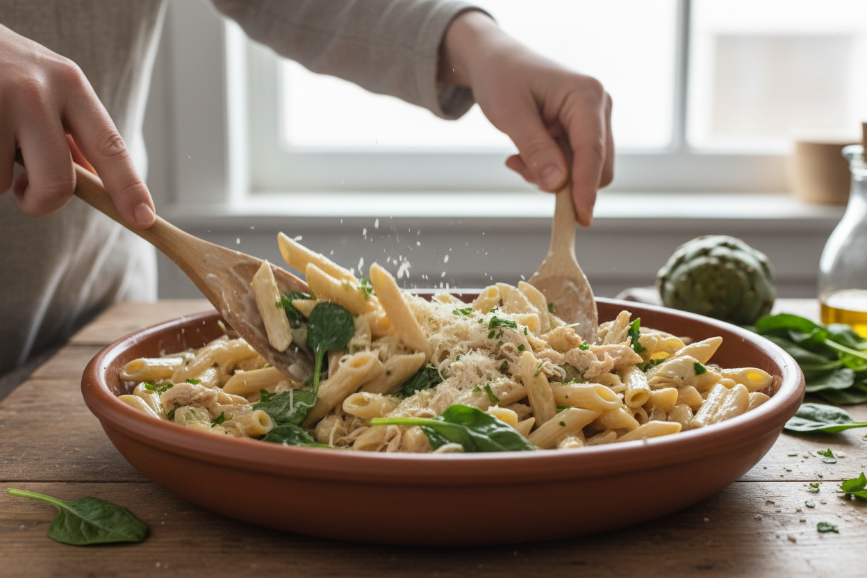 Spinach Artichoke Chicken Pasta Bake preparation step 1