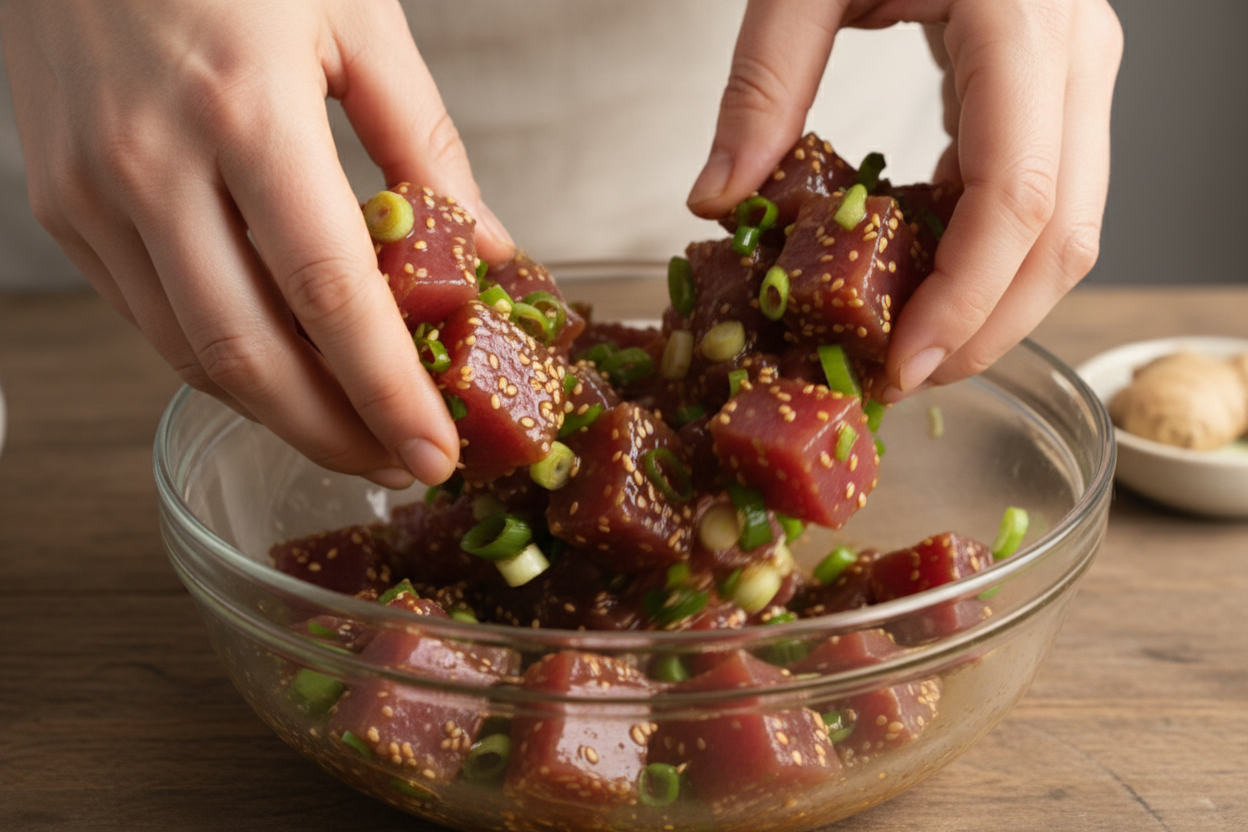 Tasty Ahi Tuna Poke Bowl preparation step 1