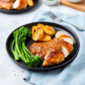 Pan-Seared Chicken With Rhubarb Sauce & Veggies