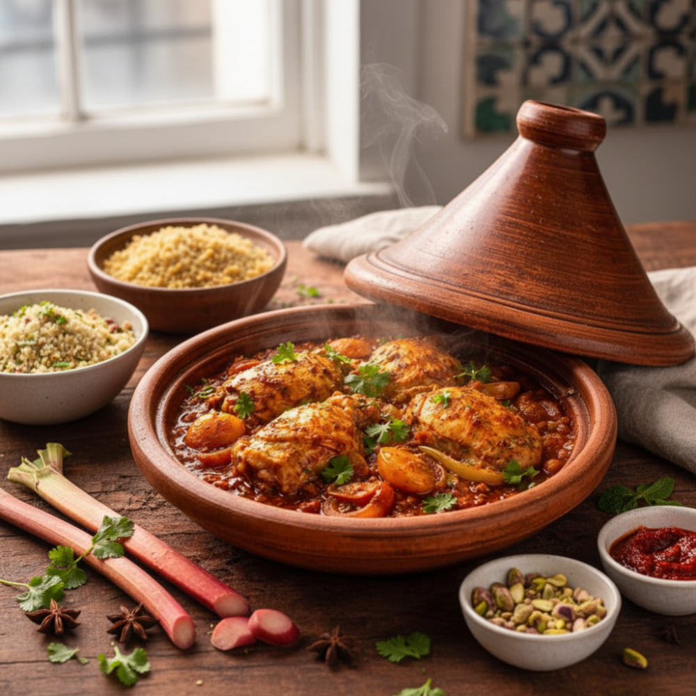 Hairy Bikers Chicken Tagine with Rhubarb & Harissa