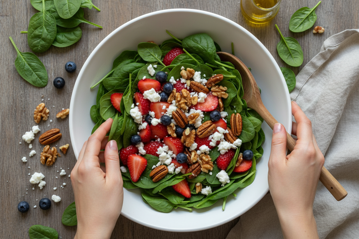30-Minute Strawberry Spinach Salad with Balsamic Glaze 3 30-Minute Strawberry Spinach Salad with Blueberries, Pecans, Feta Cheese, and a Balsamic Glaze preparation step 2