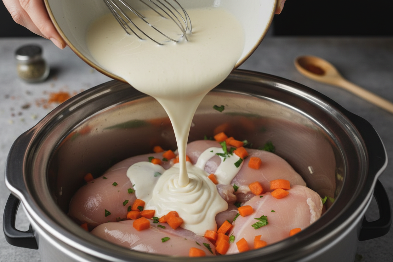 Slow Cooker Garlic Cream Chicken with Fresh Veggies 2 Creamy Garlic Chicken with Fresh Veggies preparation step 1