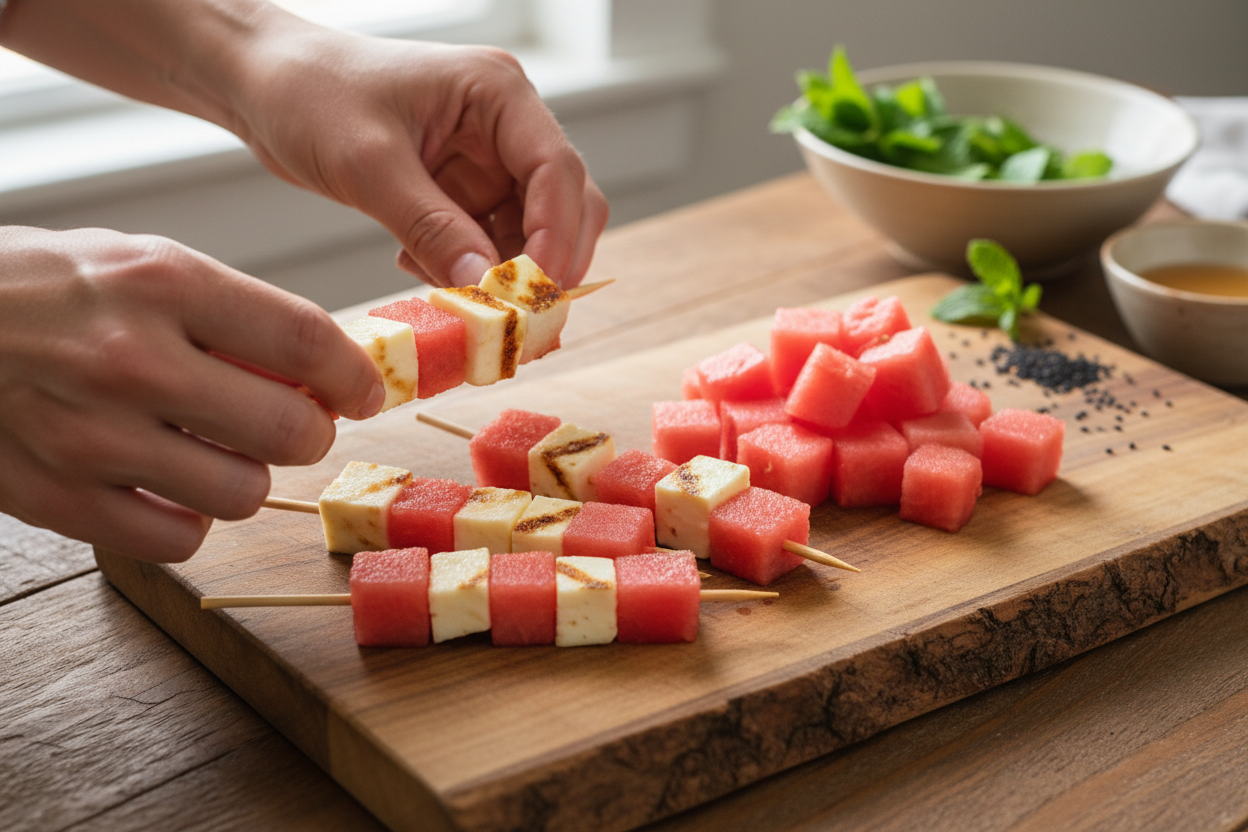 Grilled Haloumi and Watermelon Skewers preparation step 1