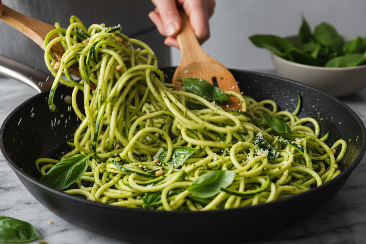 Healthy Pesto Zucchini Noodles with Cherry Tomatoes preparation step 2