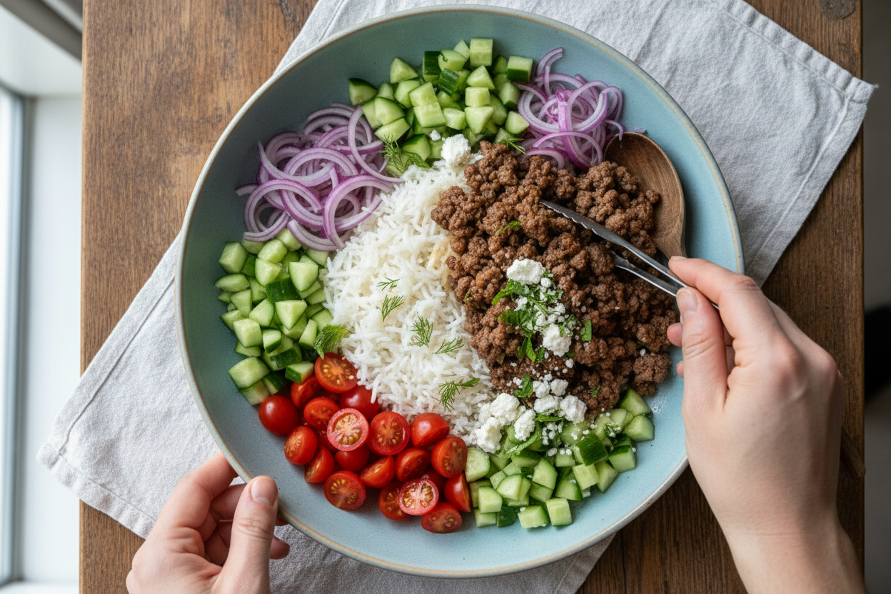 Easy Greek Ground Beef Rice Bowl with Tzatziki 3 Homemade Greek Ground Beef Rice Bowl – Easy Dinner with Tzatziki preparation step 2