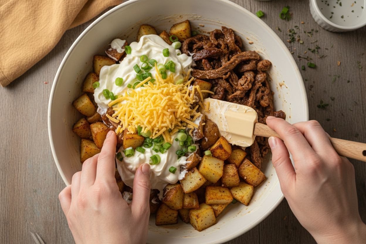 Creamy Beef and Potato Side Dish: The Ultimate Potluck Recipe 2 Loaded Baked Potato Salad Recipe preparation step 2