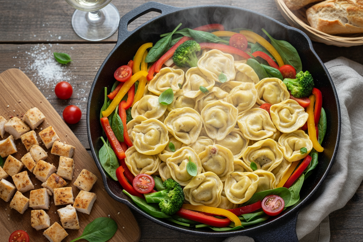One-Pan Pesto Chicken, Tortellini, and Veggies, Asparagus, Tomatoes preparation step 2