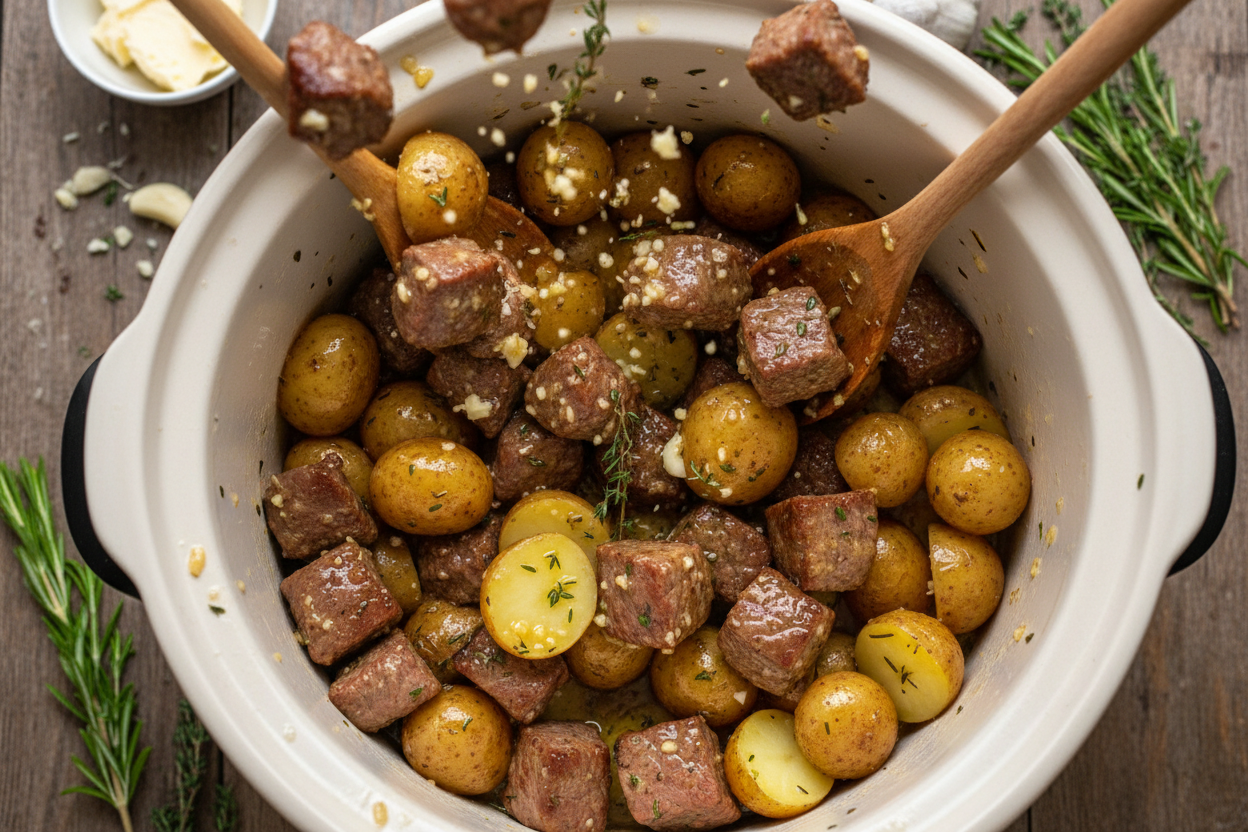 Slow Cooker Garlic Butter Beef Bites with Potatoes preparation step 1