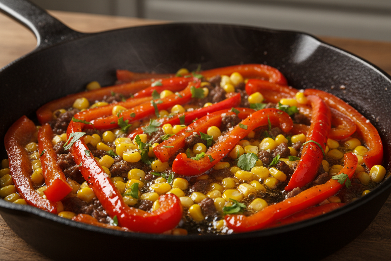 Summer Pasta Salad with Corn, Bell Pepper, Beef, and Creamy Pesto Dressing preparation step 2