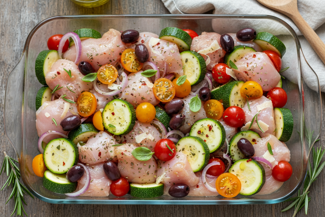 Healthy Mediterranean Chicken Zucchini Bake Recipe 3 The Comforting Mediterranean Chicken Zucchini Bake You'll Want Every Week! preparation step 2