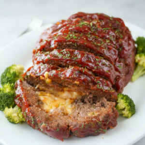 Gooey Mozzarella Cheese Stuffed Meatloaf with Tomato Glaze