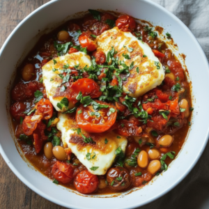 Crispy Halloumi Tomato Bean Bake with Beef Sausage