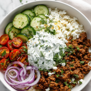 Easy Greek Ground Beef Rice Bowl with Tzatziki 4 Easy Greek Ground Beef Rice Bowl with Tzatziki
