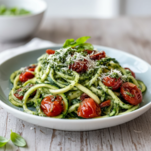 Low-Carb Pesto Zucchini Noodles with Roasted Tomatoes