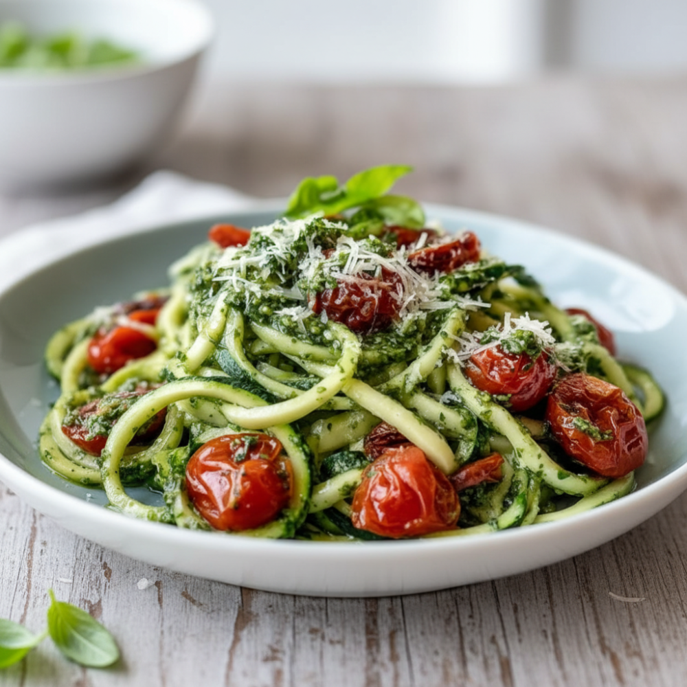 Low-Carb Pesto Zucchini Noodles with Roasted Tomatoes