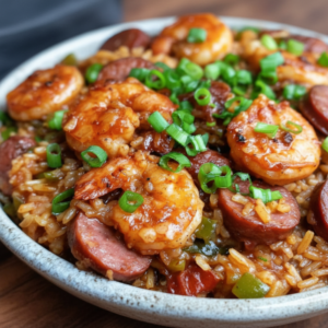 Baked Shrimp Creole Jambalaya with Beef Sausage