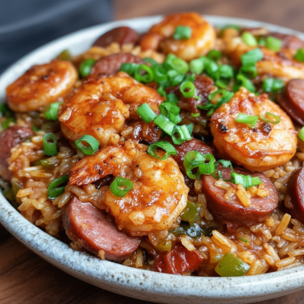 Baked Shrimp Creole Jambalaya with Beef Sausage