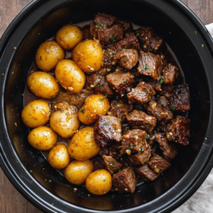Slow Cooker Garlic Butter Beef Bites with Potatoes