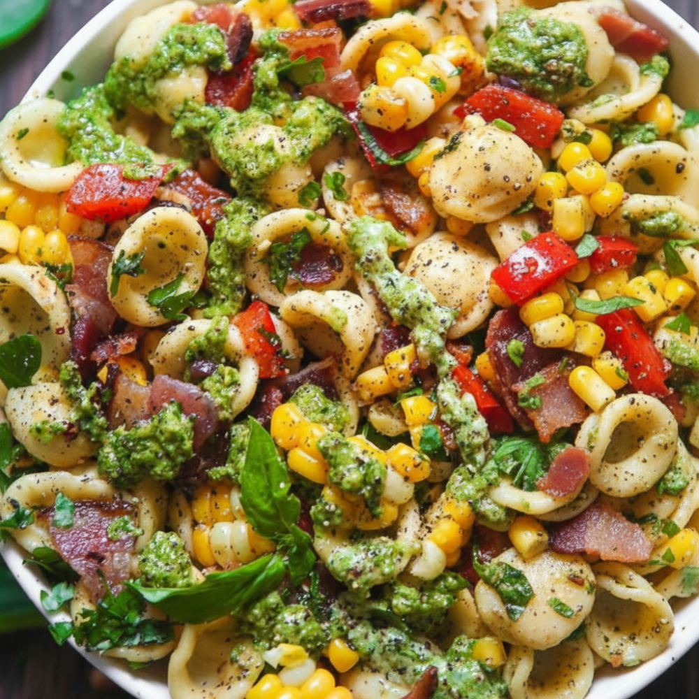 Creamy Pesto Summer Pasta Salad with Beef (Pork-Free)