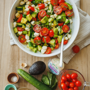 Tomato Cucumber Mozzarella Salad with Avocado