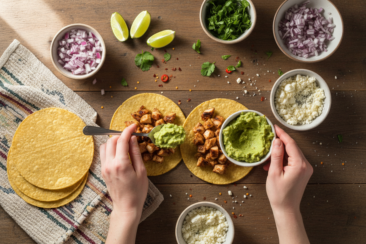 Authentic Mexican Chicken Street Tacos with Fresh Guacamole and Crumbled Cheese preparation step 2