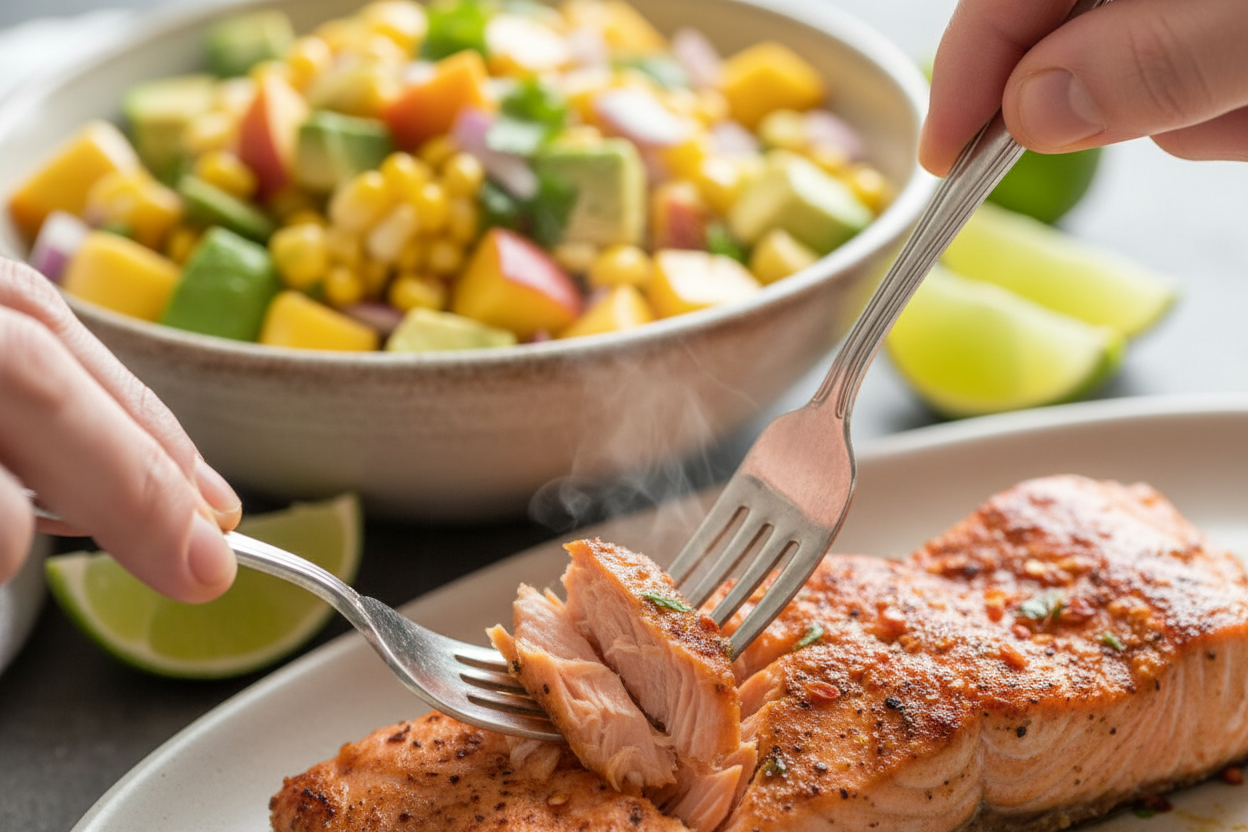 Chipotle Lime Salmon Tacos with Corn Avocado Peach Salsa & Cilantro Yogurt Sauce preparation step 1