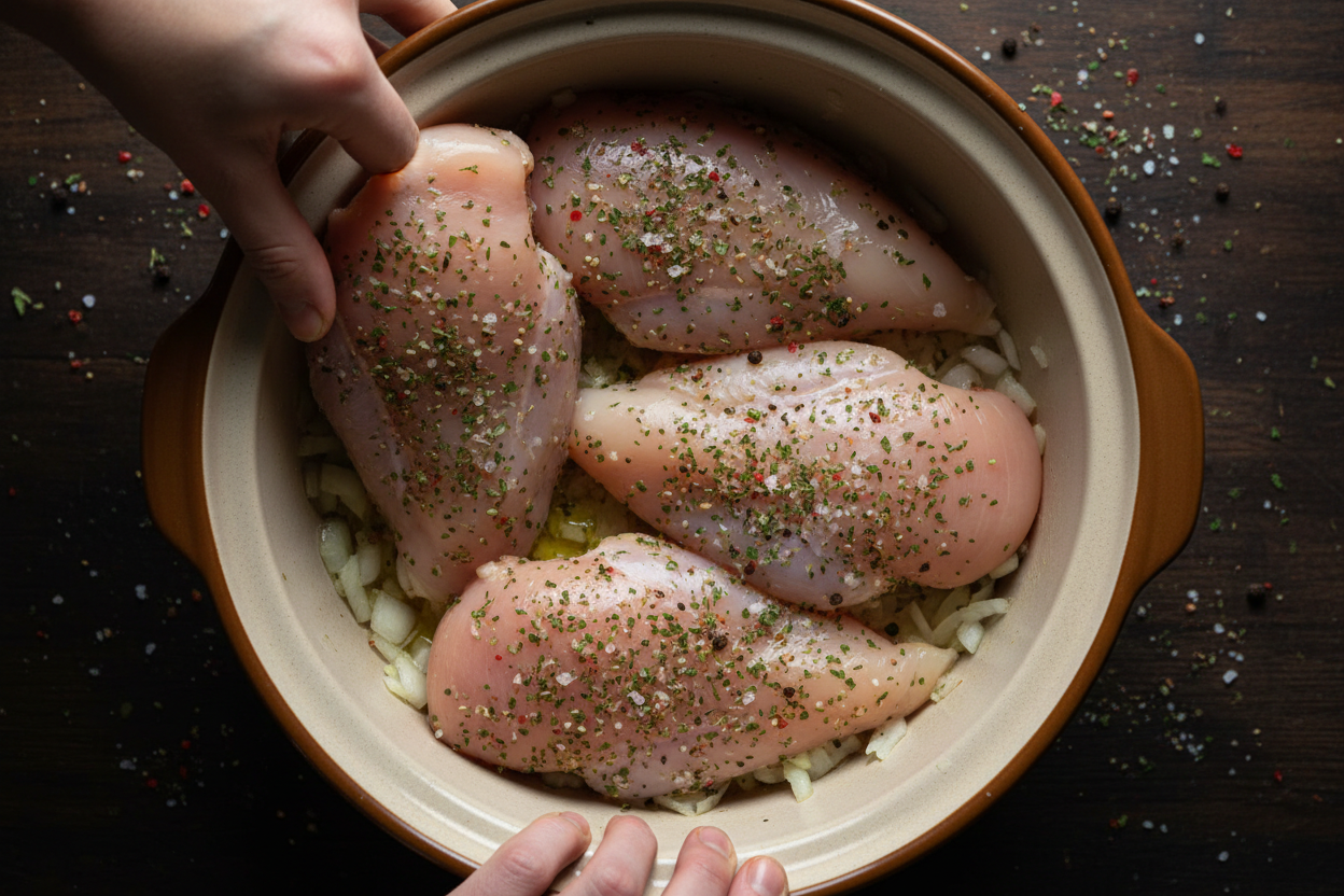Easy Slow Cooker Tuscan Garlic Chicken (Low Carb, Keto) 2 Crock Pot Creamy Tuscan Garlic Chicken preparation step 1