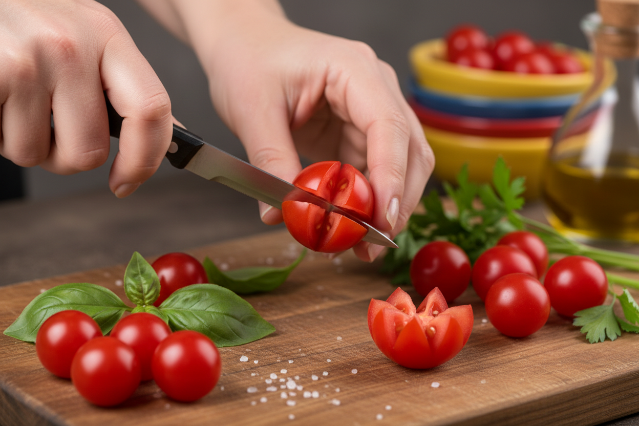 Fresh Cucumber & Tomato Blossom Bites: Easy Appetizer 2 Cucumber and Cherry Tomato Flower Bites preparation step 1