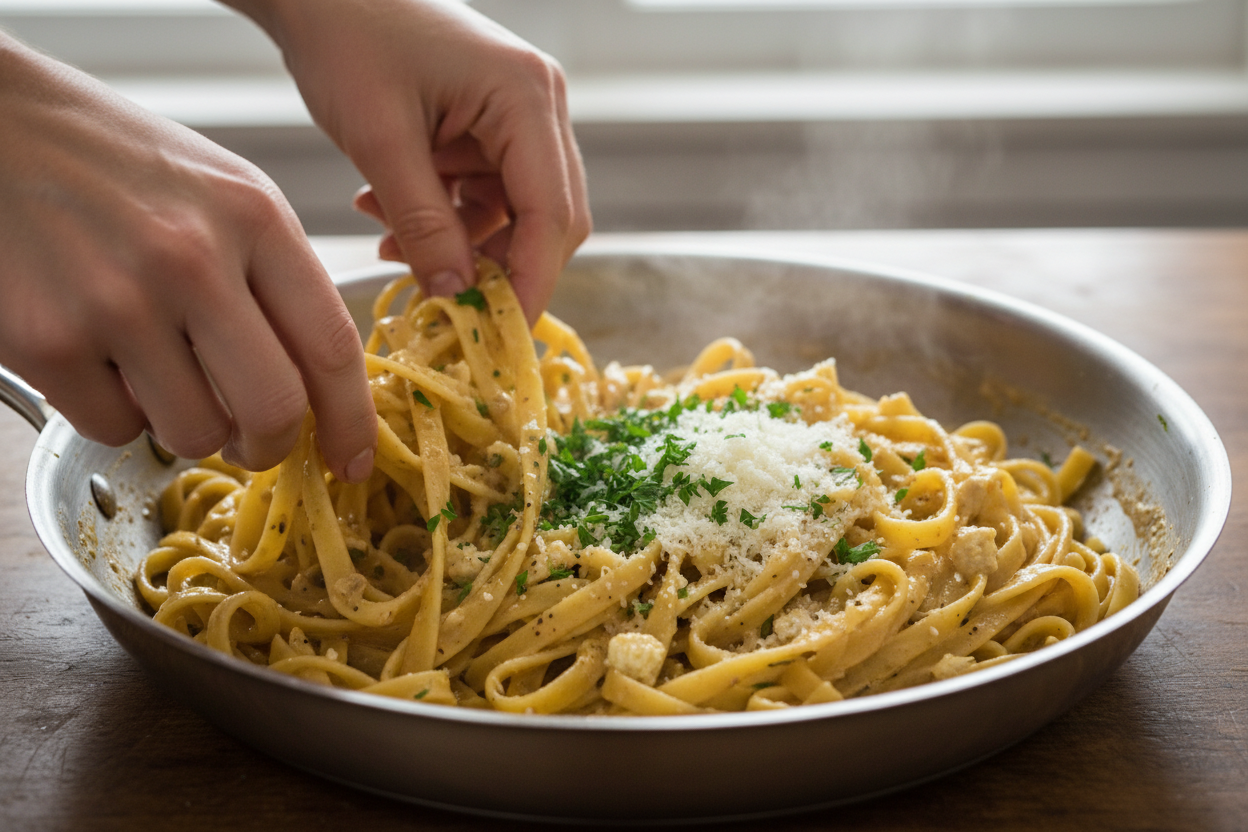 Delicious Garlic and Herb Boursin Fettuccine preparation step 2