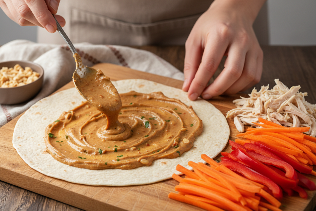 Easy Asian-Inspired Peanut Chicken Wraps (Healthy Recipe) 2 Delicious Thai Peanut Chicken Wraps with Fresh Vegetables and Creamy Peanut Sauce preparation step 1