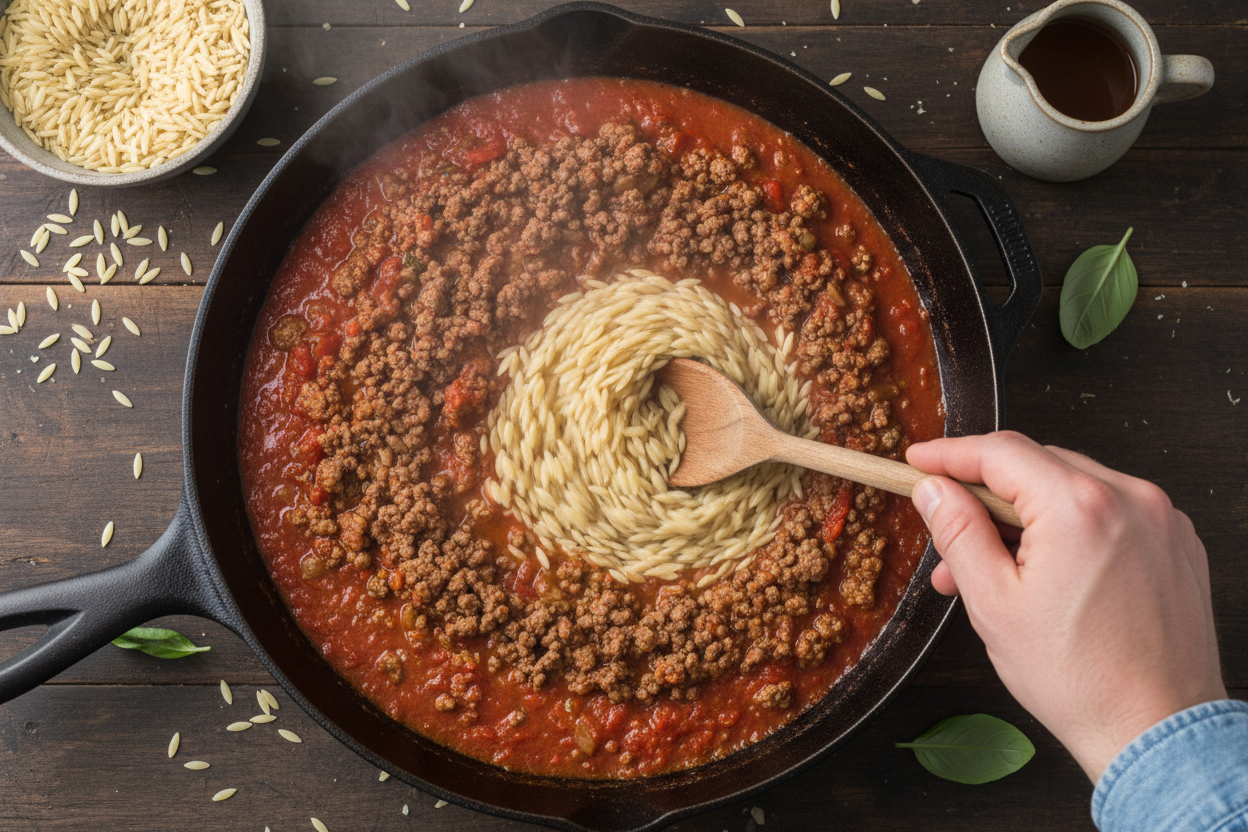 Creamy Ground Beef Orzo Recipe (One Pot, 30 Minutes) 3 Ground Beef Orzo preparation step 2