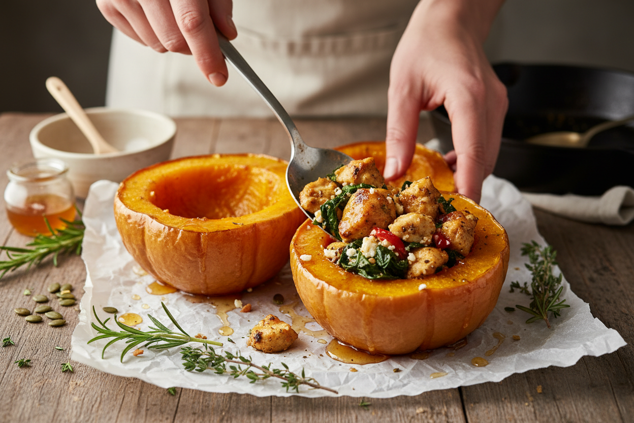 Honey Roasted Butternut Squash Stuffed with Chicken preparation step 2