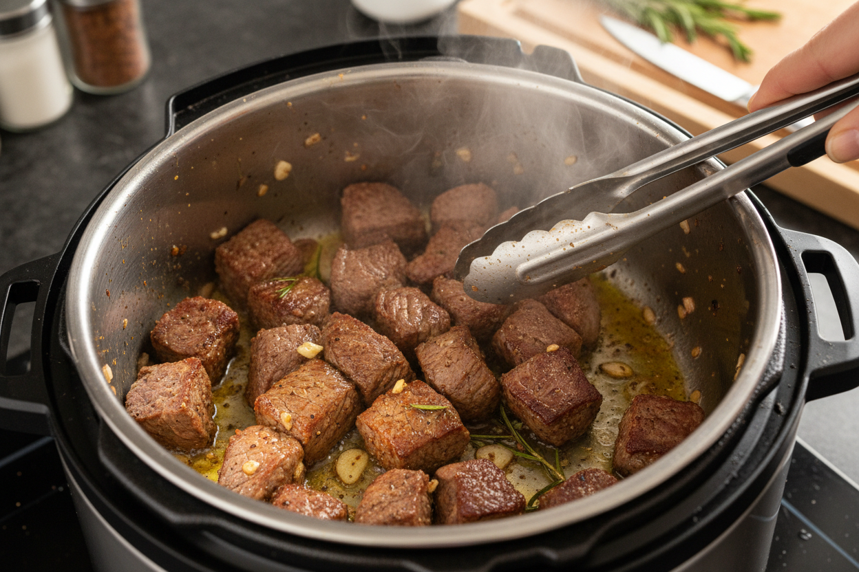 Quick and Tender Pressure Cooker Beef Tips with Gravy 2 Instant Pot Beef Tips & Gravy preparation step 1