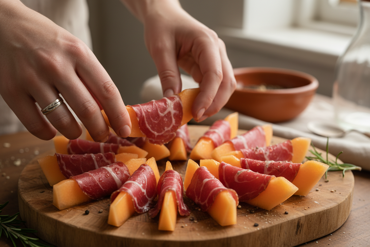 Italian Appetizer Platter with Pasta Salad, Caprese Salad, and Melon with Cured Beef preparation step 2