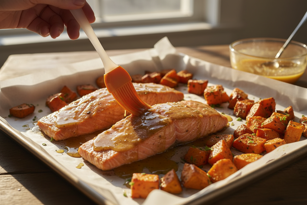Easy Maple Dijon Salmon with Roasted Sweet Potatoes 2 Maple Dijon Salmon & Sweet Potatoes preparation step 1