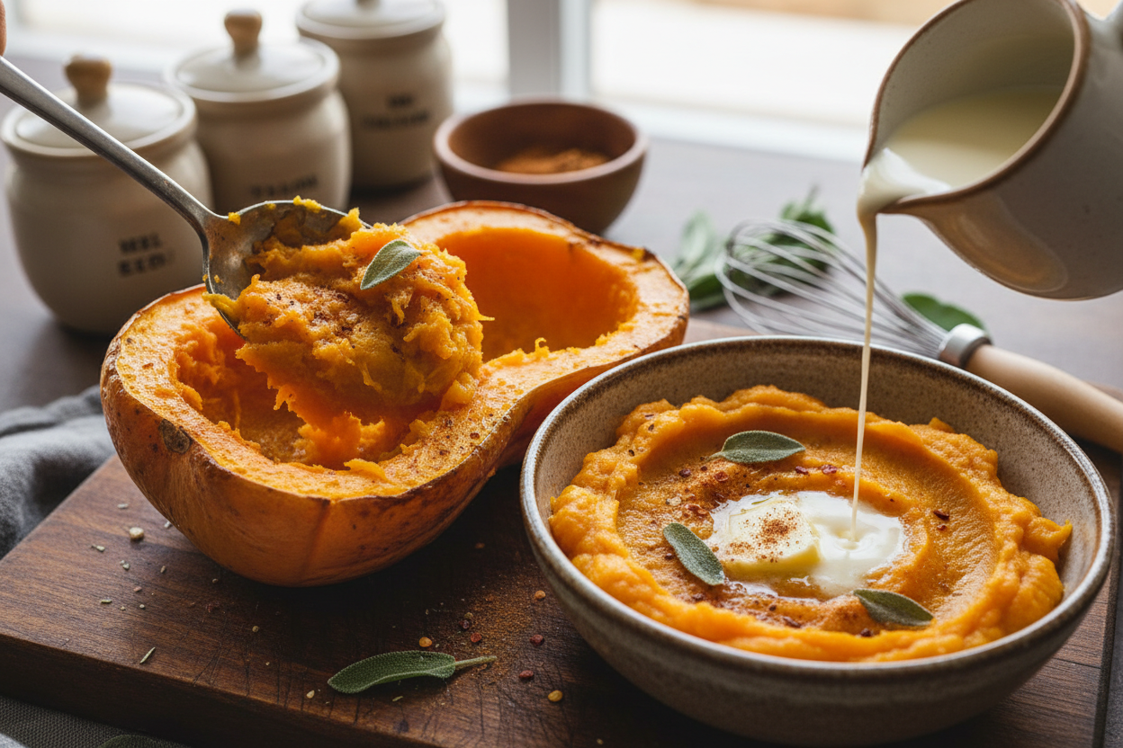 Creamy Spiced Winter Squash Puree (Thanksgiving Side) 3 Mashed Butternut Squash preparation step 2