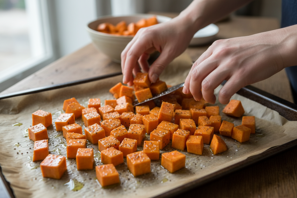 Sheet Pan Salmon with Sweetpotatoes and Broccoli preparation step 1