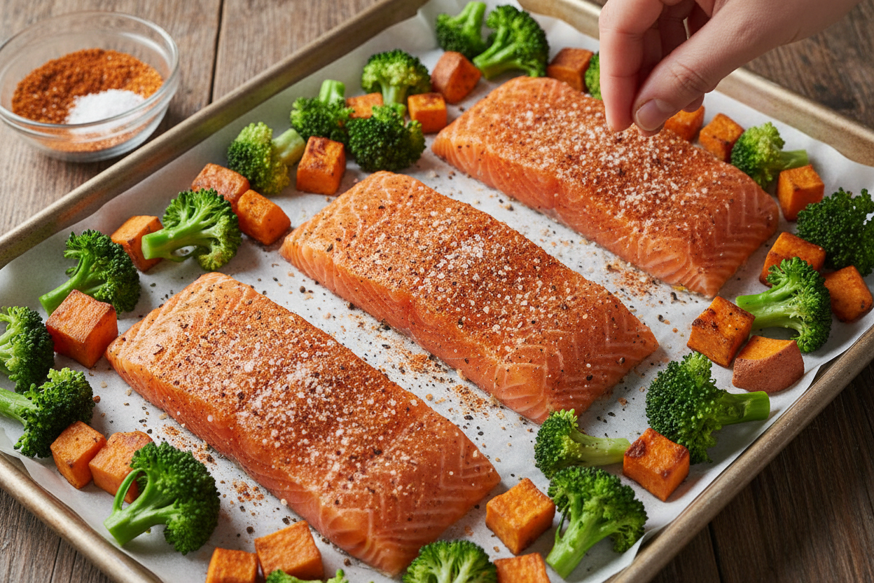 Sheet Pan Salmon with Sweetpotatoes and Broccoli preparation step 2