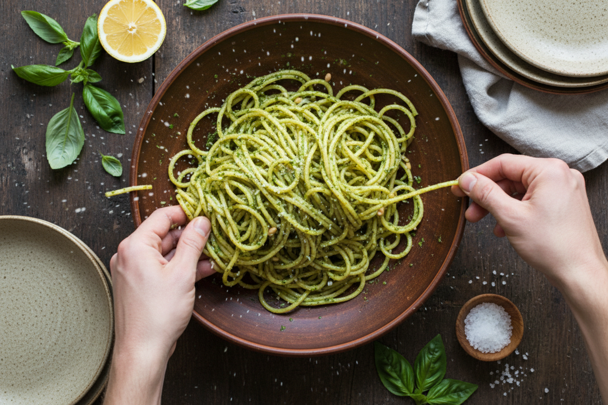 Quick & Easy Pesto Walnut Spaghetti Recipe 3 Spaghetti with Pesto, Basil, and Walnuts preparation step 2