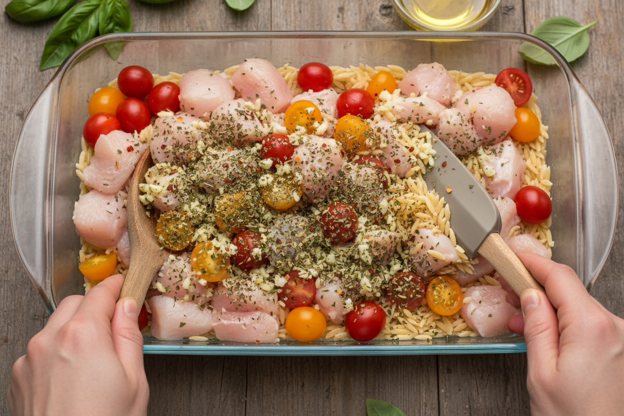 Creamy Tuscan Orzo Chicken Bake: Easy 1-Pan Recipe 2 Tuscan Orzo Chicken Bake preparation step 1