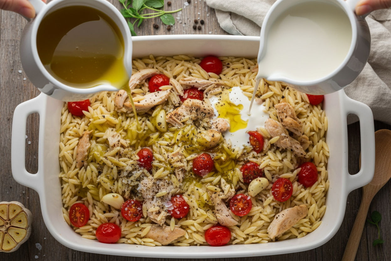 Creamy Tuscan Orzo Chicken Bake: Easy 1-Pan Recipe 3 Tuscan Orzo Chicken Bake preparation step 2