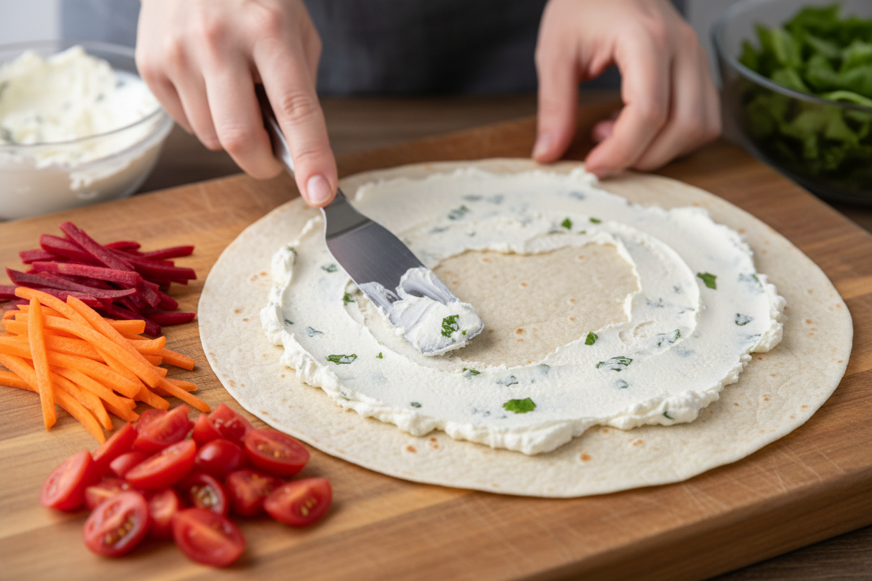 Vegetable Tortilla Roll Ups: Easy Veggie Pinwheels 2 Vegetable Tortilla Roll Ups preparation step 1