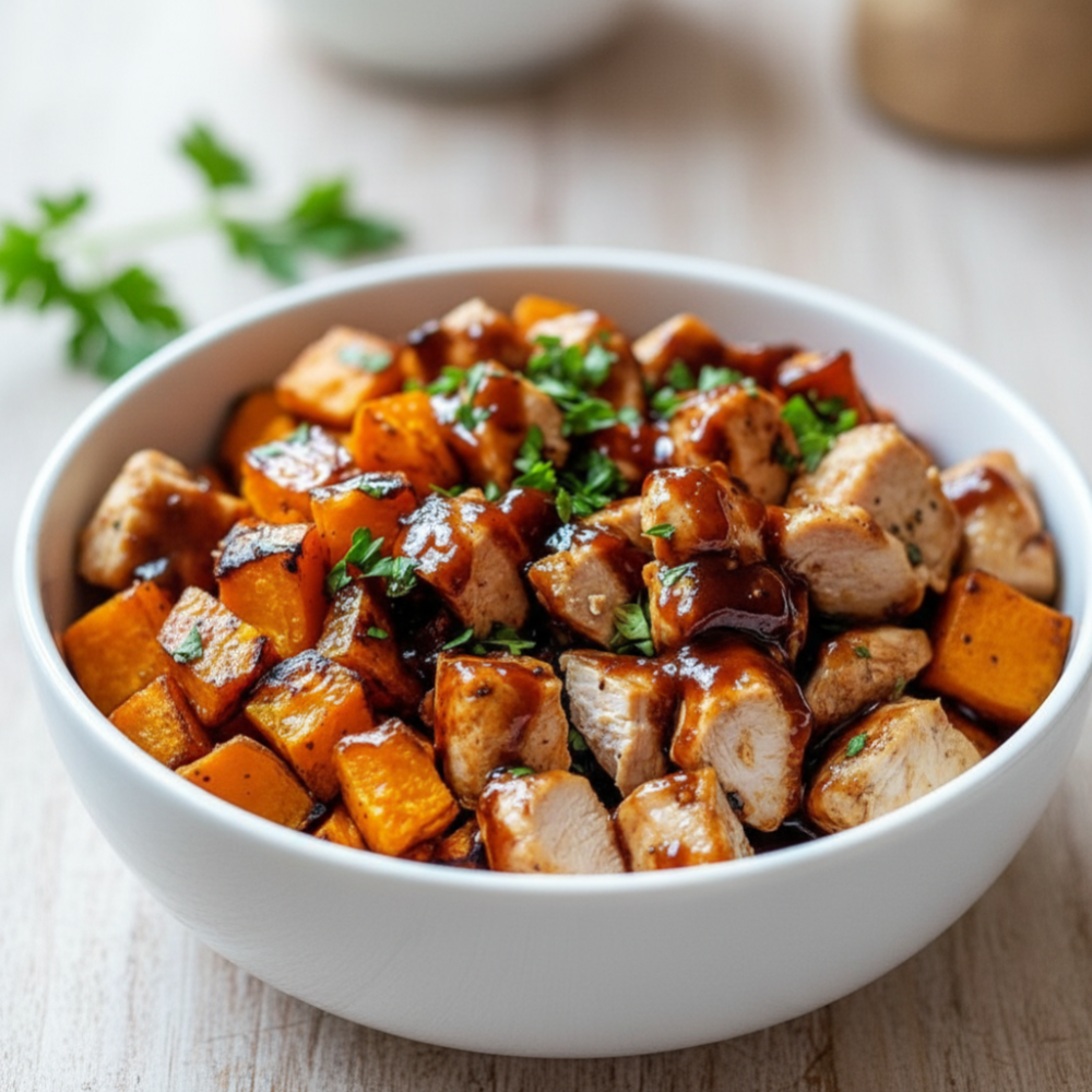 Easy Barbecue Chicken & Roasted Sweet Potato Bowls