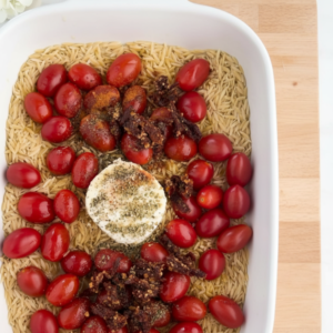Easy Boursin Orzo Pasta Bake with Roasted Tomatoes