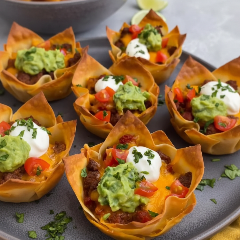 Mini Beef Taco Cups (Crispy Wonton Appetizer Recipe)