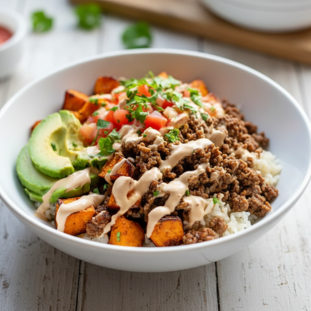 Savory Ground Beef & Sweet Potato Taco Bowls (with Lime Crema)